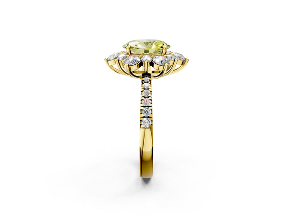 Yellow gold Fancy Yellow Oval  Cut Diamond Floral Halo Pave Band with Prong Setting