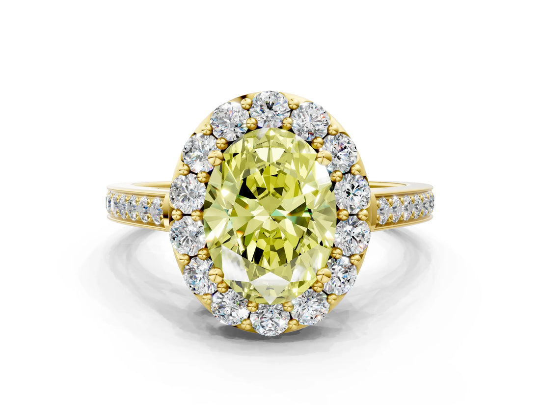 Yellow gold Fancy Yellow Oval Cut Diamond Floral Halo Ring with Pavé Band and Prong Setting_3