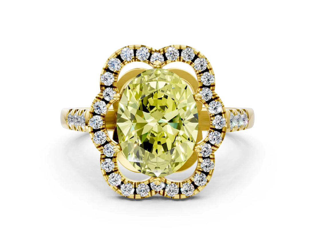 Yellow gold Fancy Yellow Oval Cut Diamond Floral Halo Split Shank Prong Setting Ring