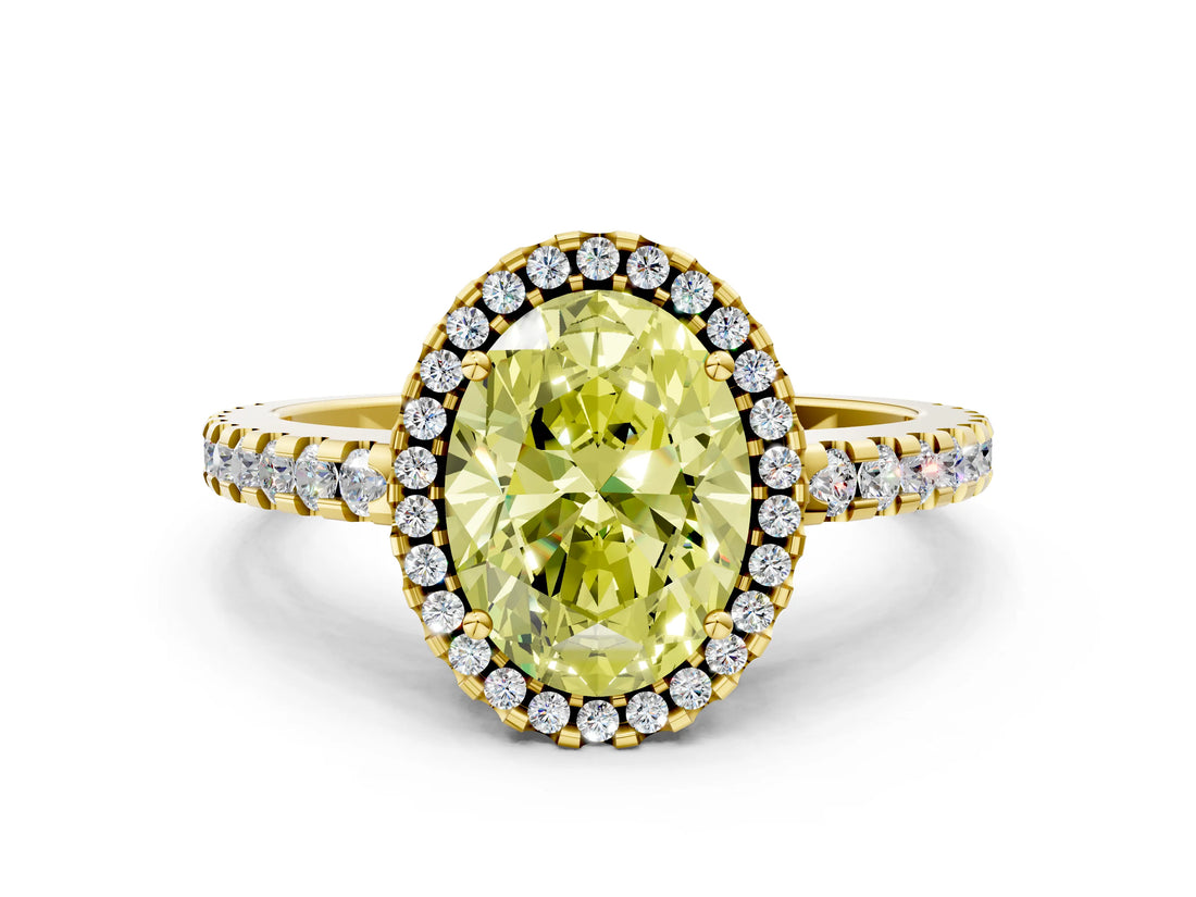 Yellow gold Fancy Yellow Oval Cut Diamond Halo Engagement Ring with Pavé Band and Prong Setting_27