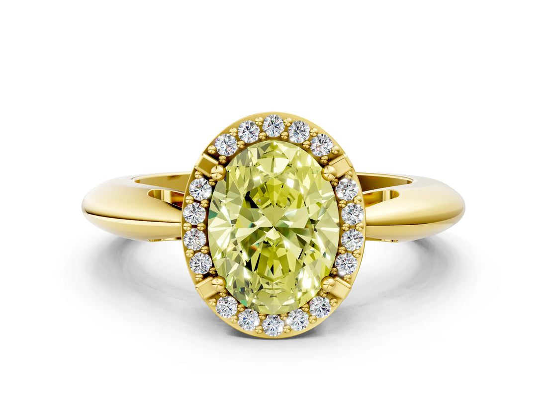 Yellow gold Fancy Yellow Oval  Cut Diamond Halo Engagement Ring with Split Shank and Four-Prong Setting_90