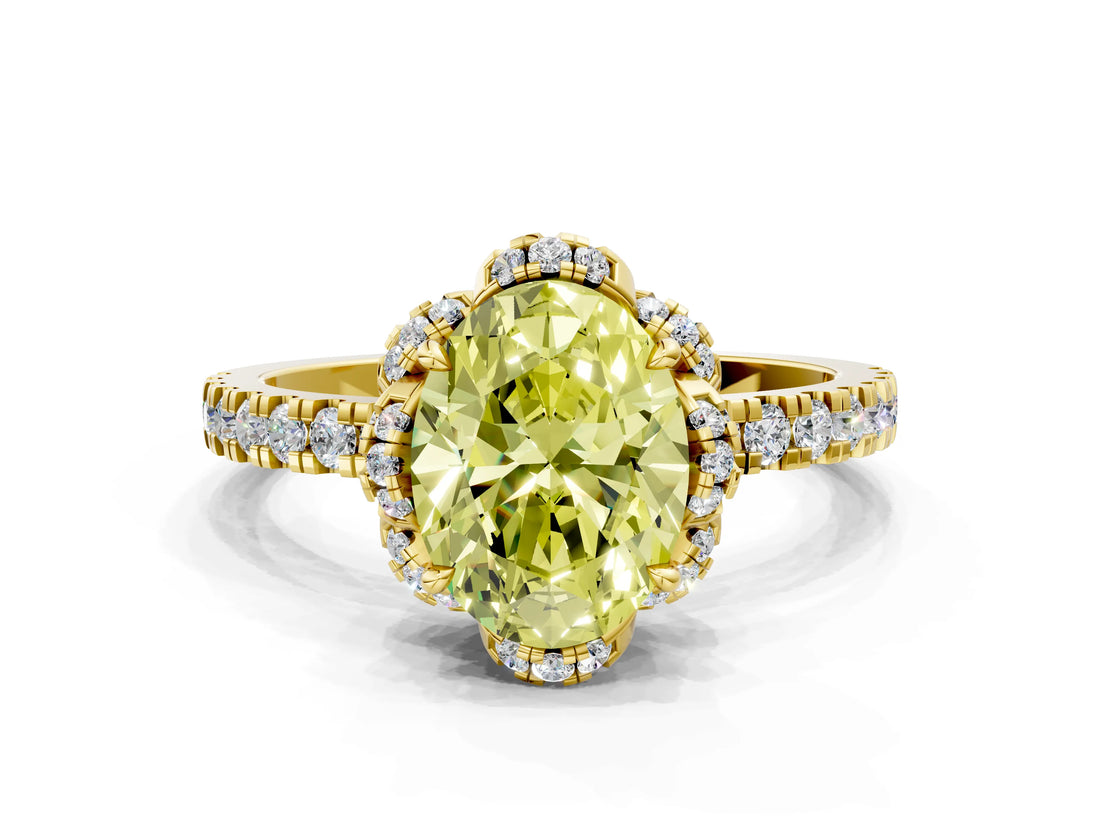 Yellow gold Fancy Yellow Oval Cut Diamond Halo Pave Band with Four-Prong Setting_3