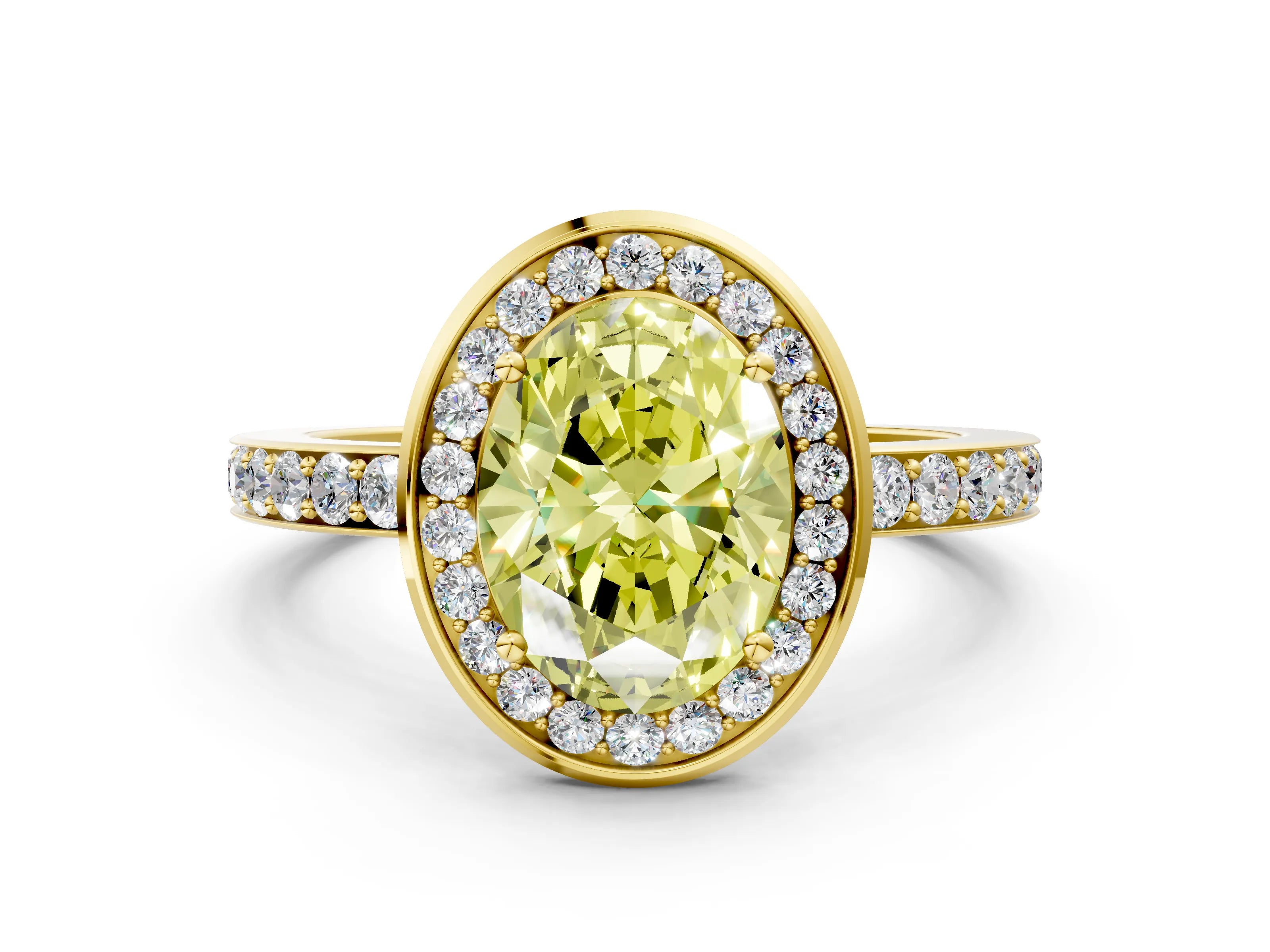 Yellow gold Fancy Yellow Oval Cut Diamond Halo Ring with Bezel Frame and Pavé Band