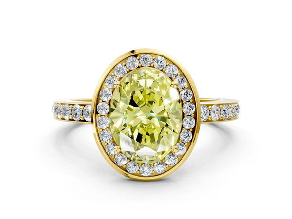 Yellow gold Fancy Yellow Oval Cut Diamond Halo Ring with Bezel Frame and Pavé Band