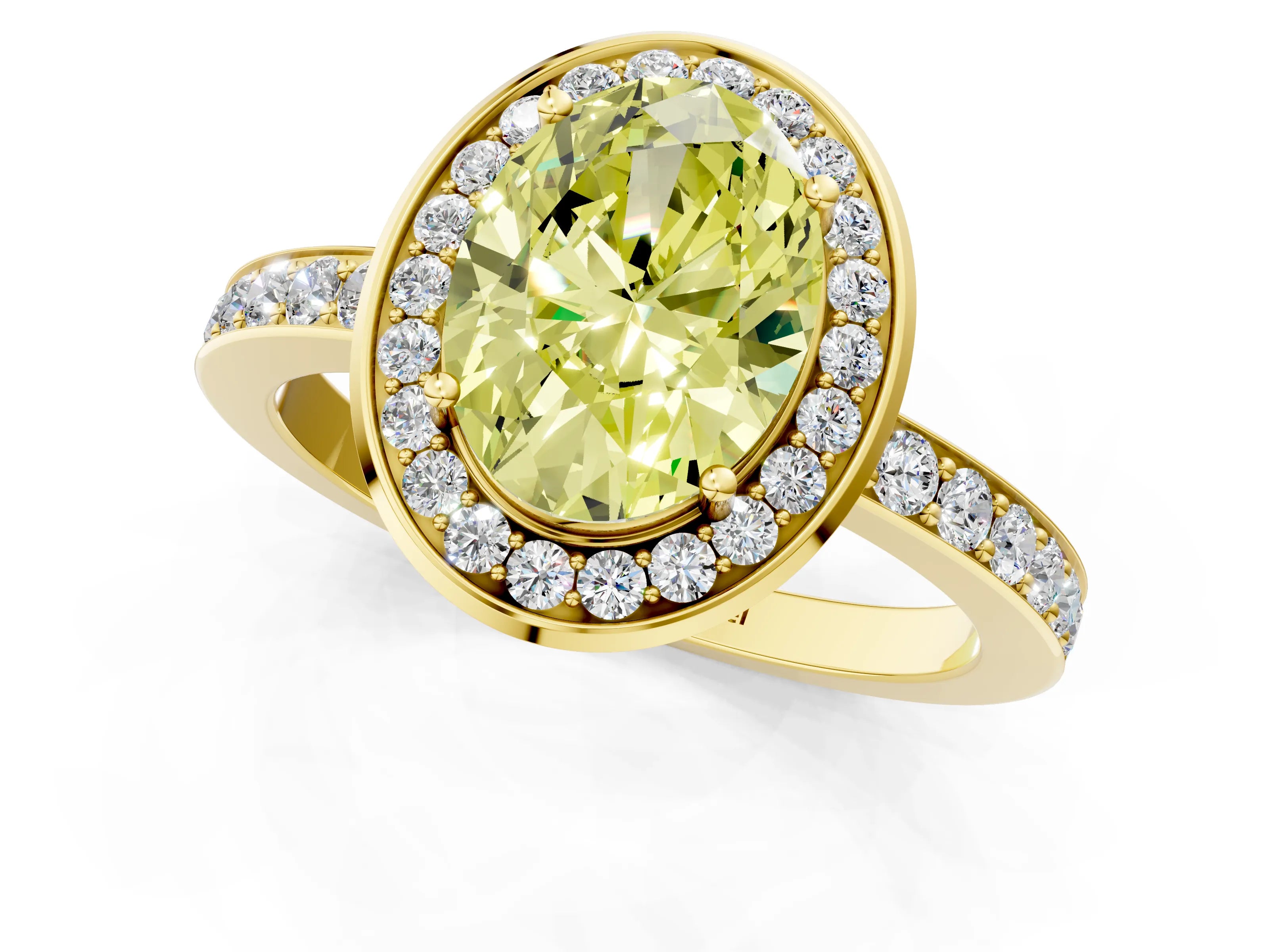 Yellow gold Fancy Yellow Oval Cut Diamond Halo Ring with Bezel Frame and Pavé Band_1
