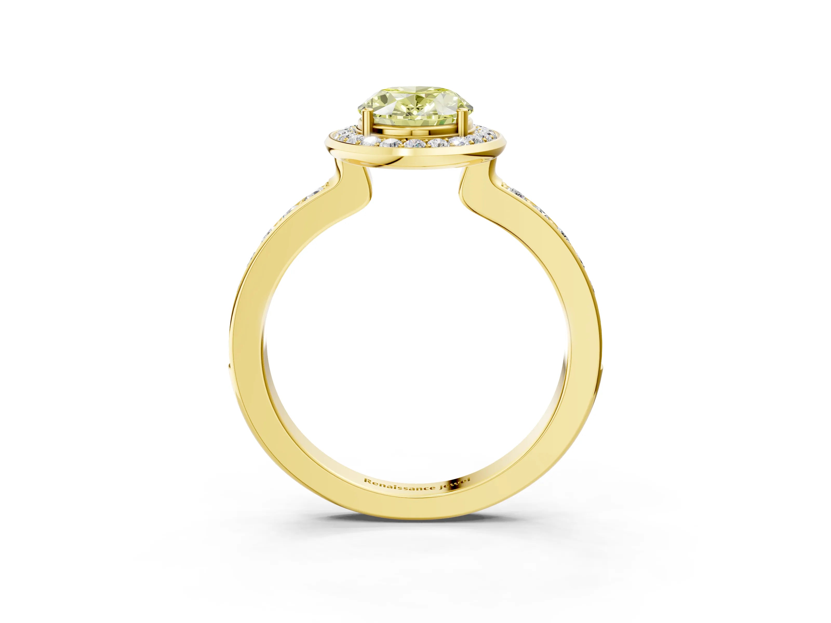 Yellow gold Fancy Yellow Oval Cut Diamond Halo Ring with Bezel Frame and Pavé Band_3