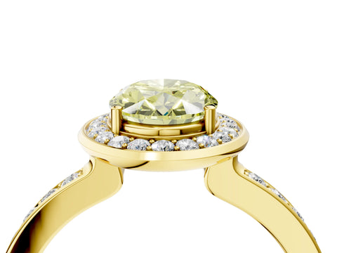 Yellow gold Fancy Yellow Oval Cut Diamond Halo Ring with Bezel Frame and Pavé Band_4