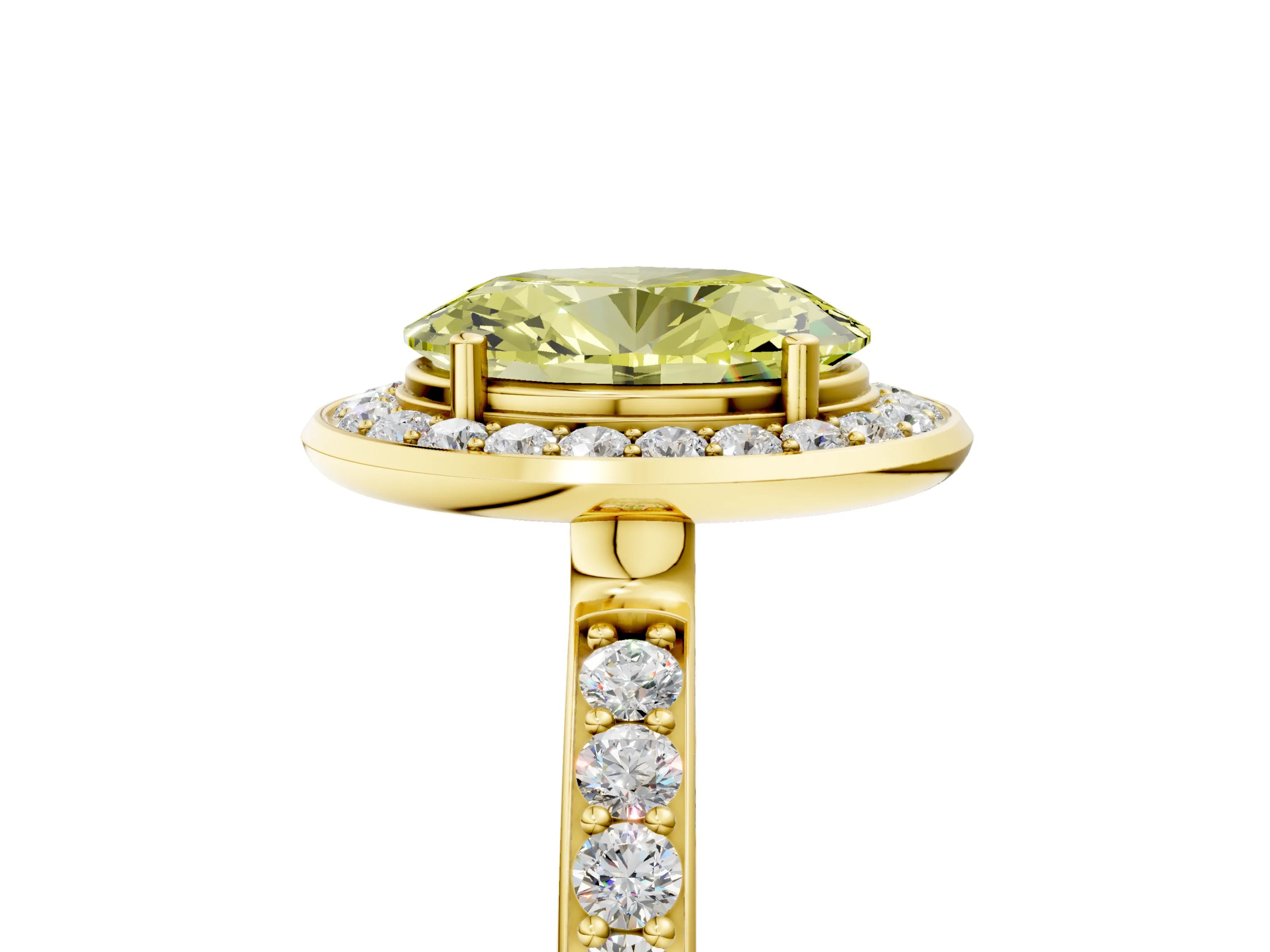 Yellow gold Fancy Yellow Oval Cut Diamond Halo Ring with Bezel Frame and Pavé Band_5