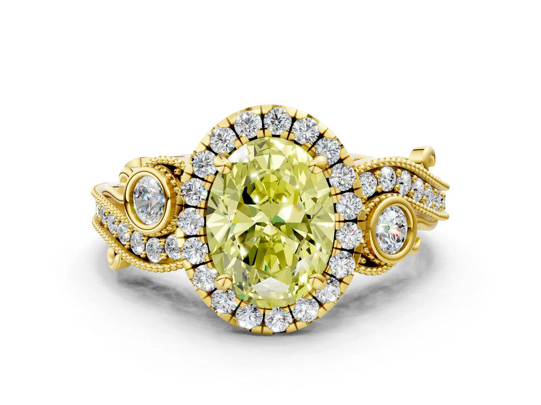 Yellow gold Fancy Yellow Oval Cut Diamond Halo Ring with Milgrain Pavé Band and Four-Prong Setting_54