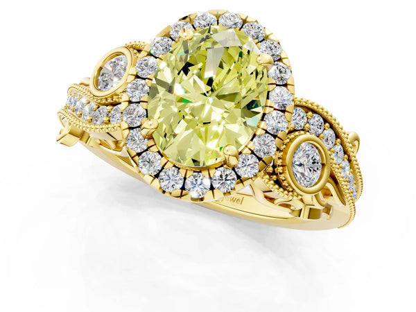 Yellow gold Fancy Yellow Oval Cut Diamond Halo Ring with Milgrain Pavé Band and Four-Prong Setting