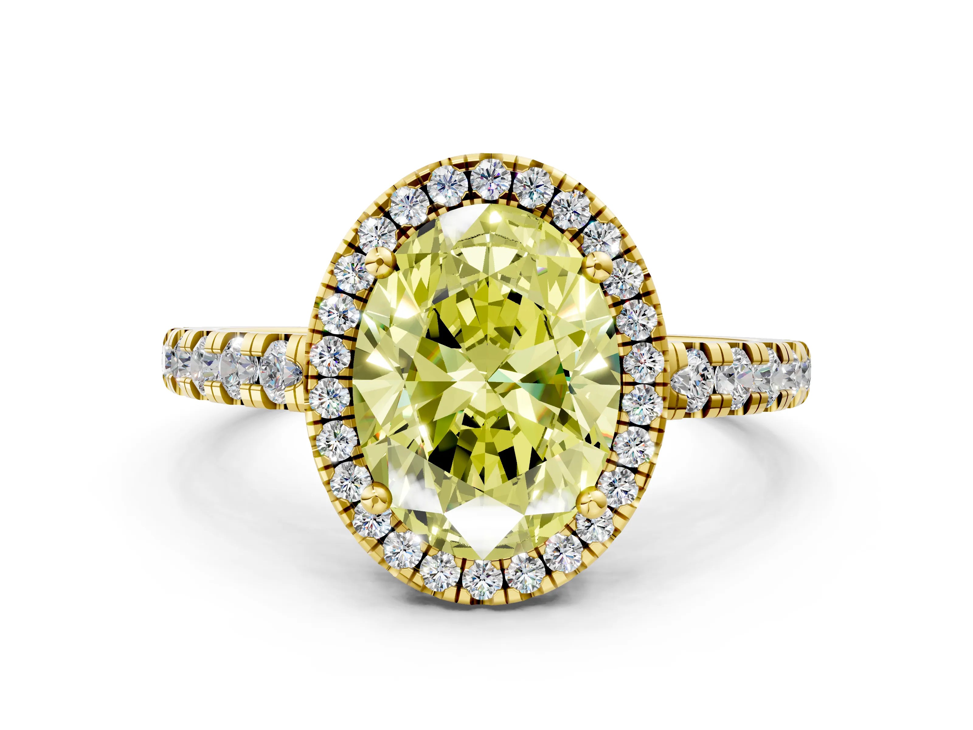 Yellow gold Fancy Yellow Oval Cut Diamond Halo Ring with Pavé Band and Four-Prong Setting