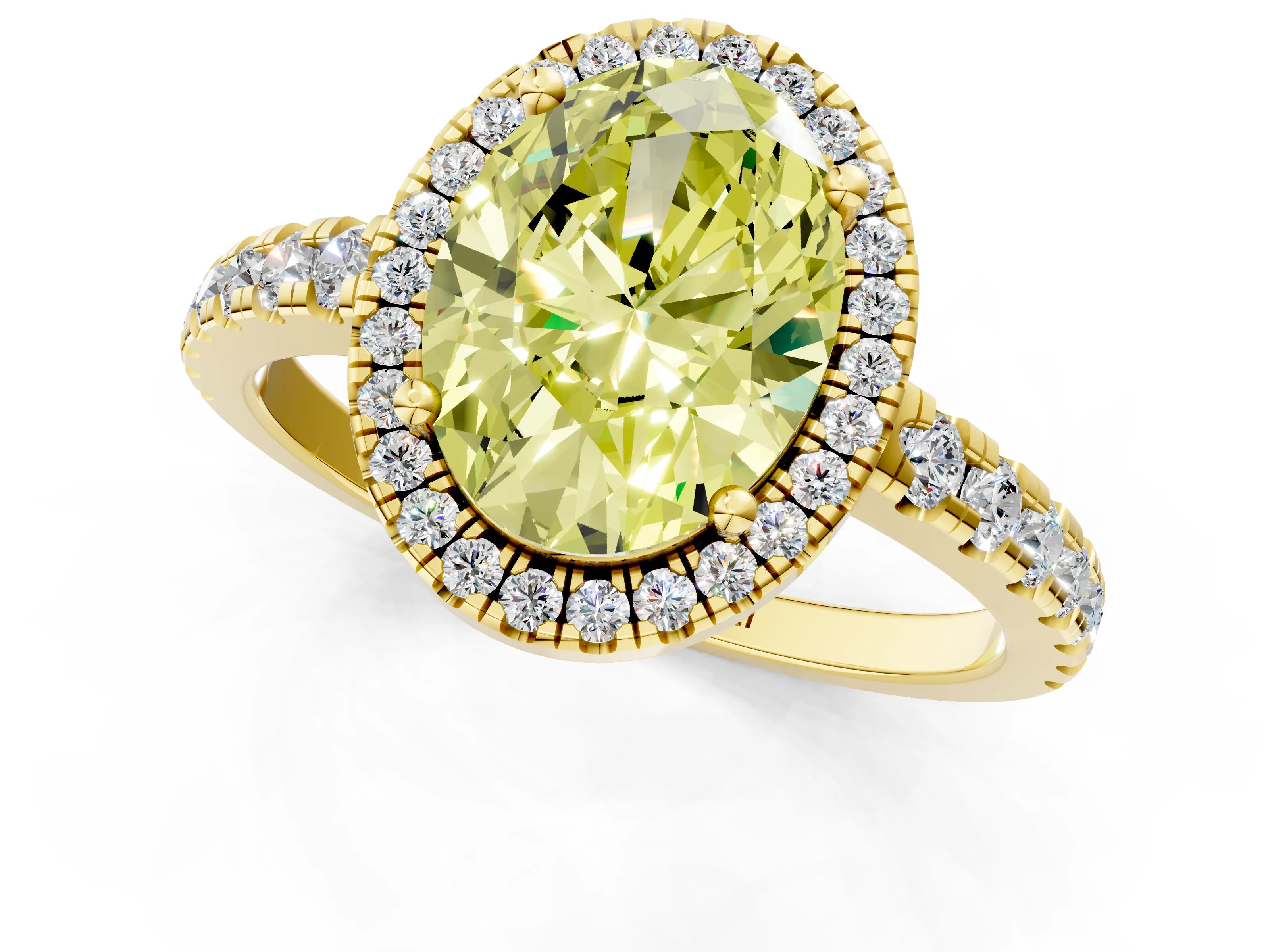 Yellow gold Fancy Yellow Oval Cut Diamond Halo Ring with Pavé Band and Four-Prong Setting_1