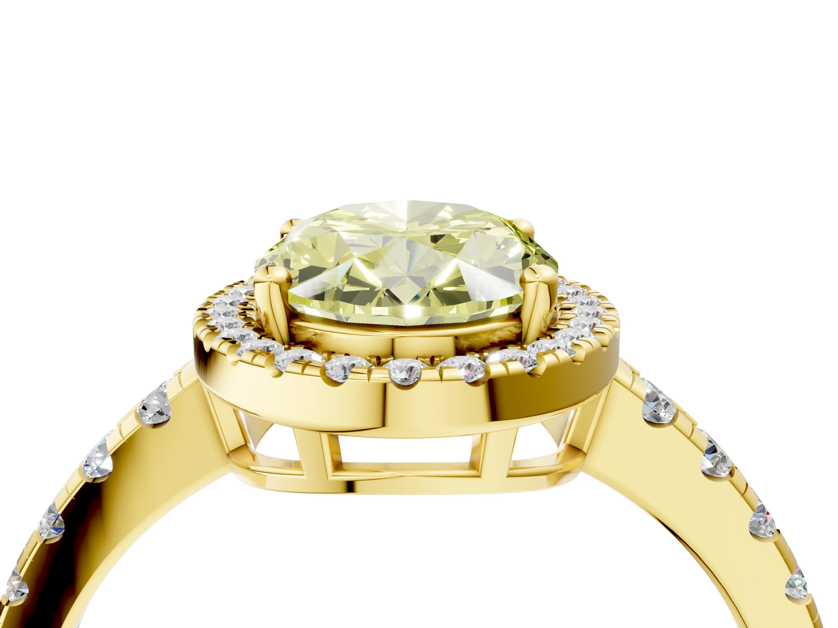Yellow gold Fancy Yellow Oval Cut Diamond Halo Ring with Pavé Band and Four-Prong Setting_4
