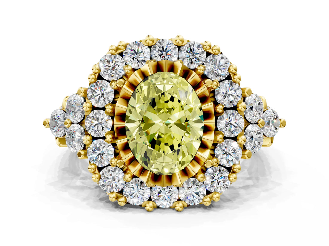 Yellow gold Fancy Yellow Oval Cut Diamond Halo Ring with Pavé Band and Four-Prong Setting_41
