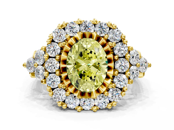 Yellow gold Fancy Yellow Oval Cut Diamond Halo Ring with Pavé Band and Four-Prong Setting