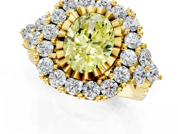 Yellow gold Fancy Yellow Oval Cut Diamond Halo Ring with Pavé Band and Four-Prong Setting