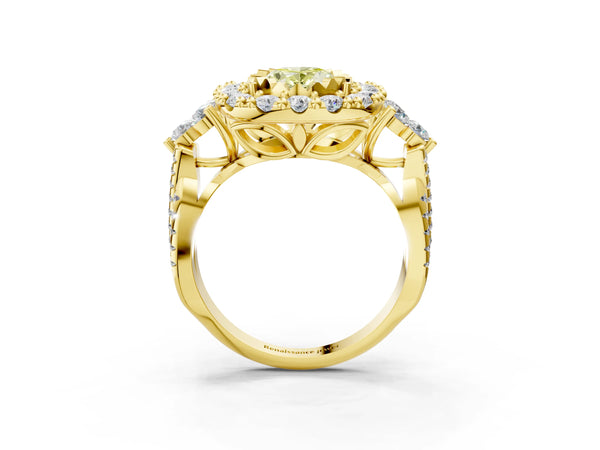 Yellow gold Fancy Yellow Oval Cut Diamond Halo Ring with Pavé Band and Four-Prong Setting