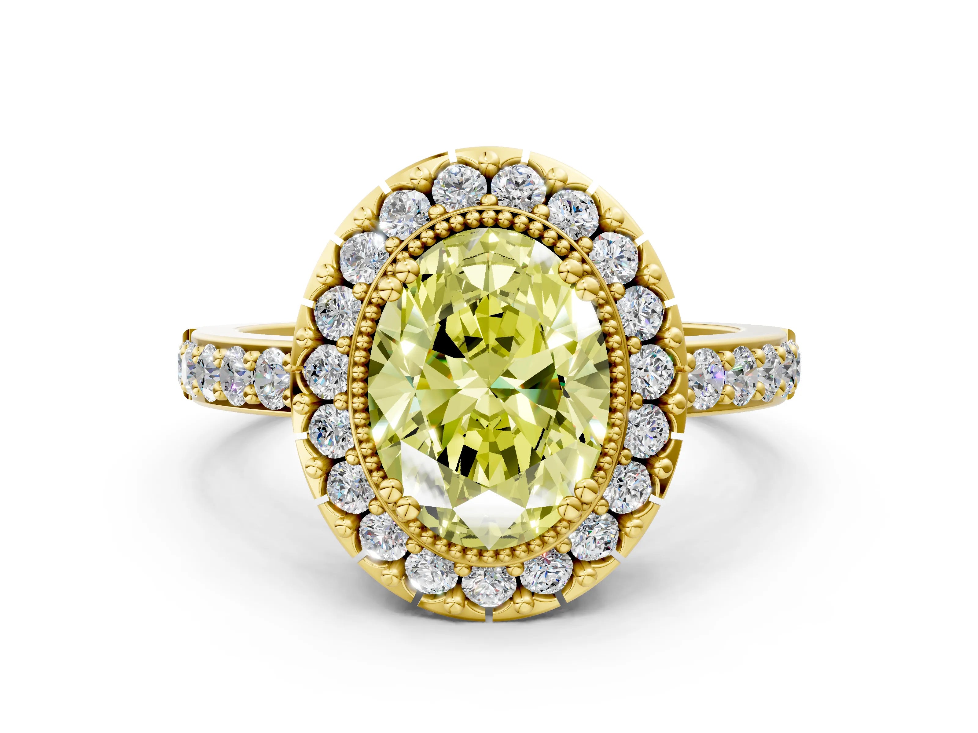 Yellow gold Fancy Yellow Oval Cut Diamond Halo Ring with Pavé Band and Prong Setting