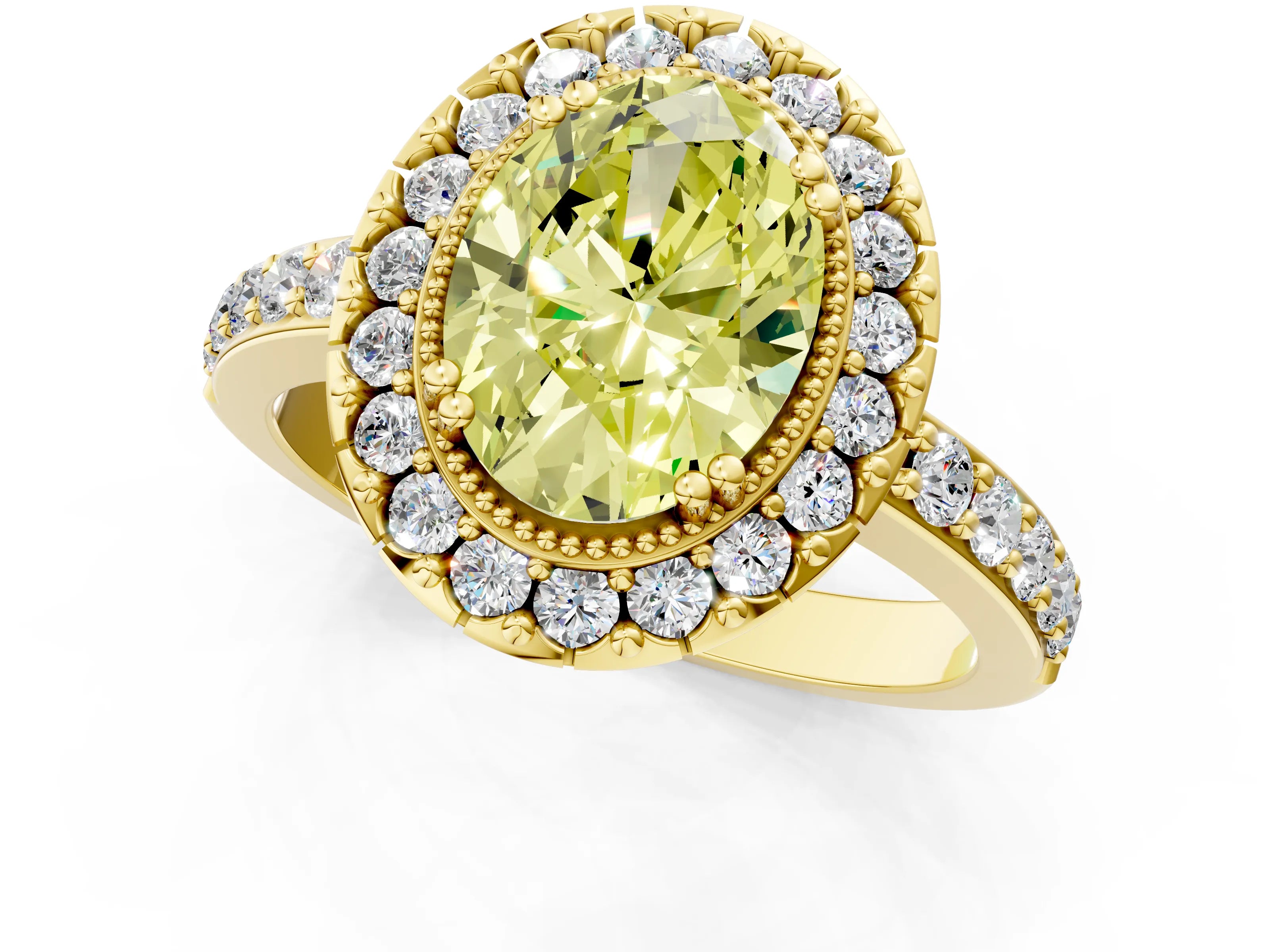 Yellow gold Fancy Yellow Oval Cut Diamond Halo Ring with Pavé Band and Prong Setting_1