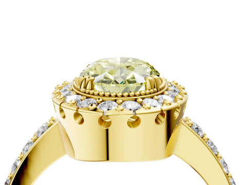 Yellow gold Fancy Yellow Oval Cut Diamond Halo Ring with Pavé Band and Prong Setting_4