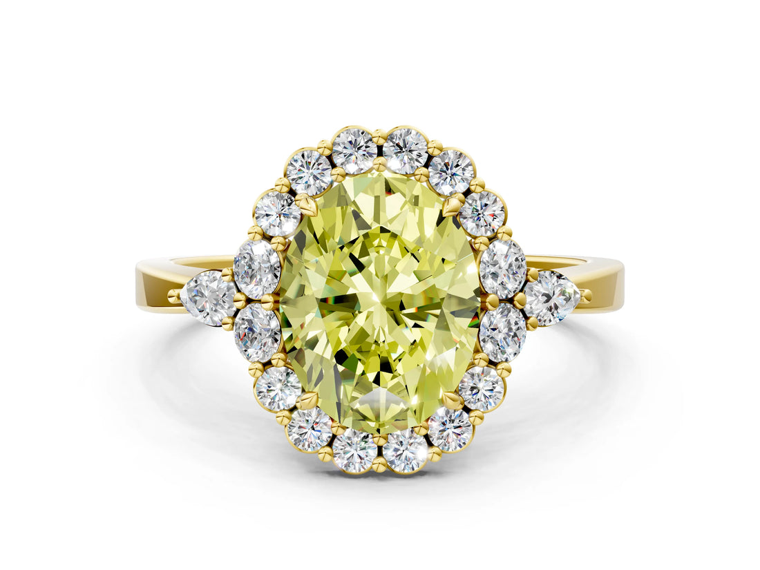Yellow gold Fancy Yellow Oval Cut Diamond Halo Ring with Pear Side Stones and Prong Setting_54