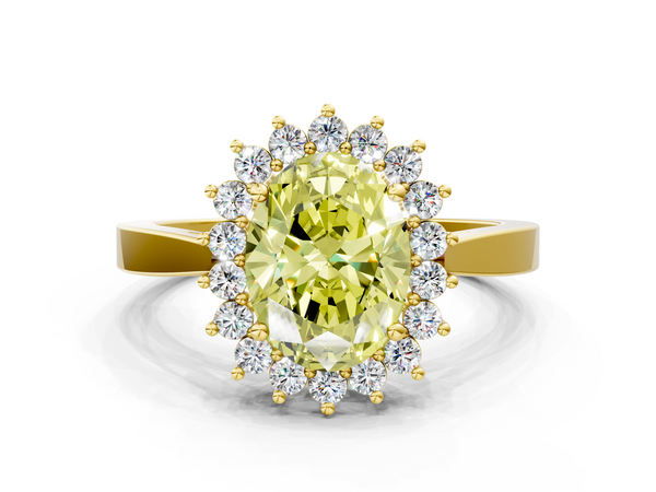 Yellow gold Fancy Yellow Oval  Cut Diamond Halo Ring with Round Brilliant Halo and Solitaire Band