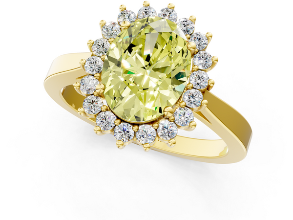 Yellow gold Fancy Yellow Oval  Cut Diamond Halo Ring with Round Brilliant Halo and Solitaire Band