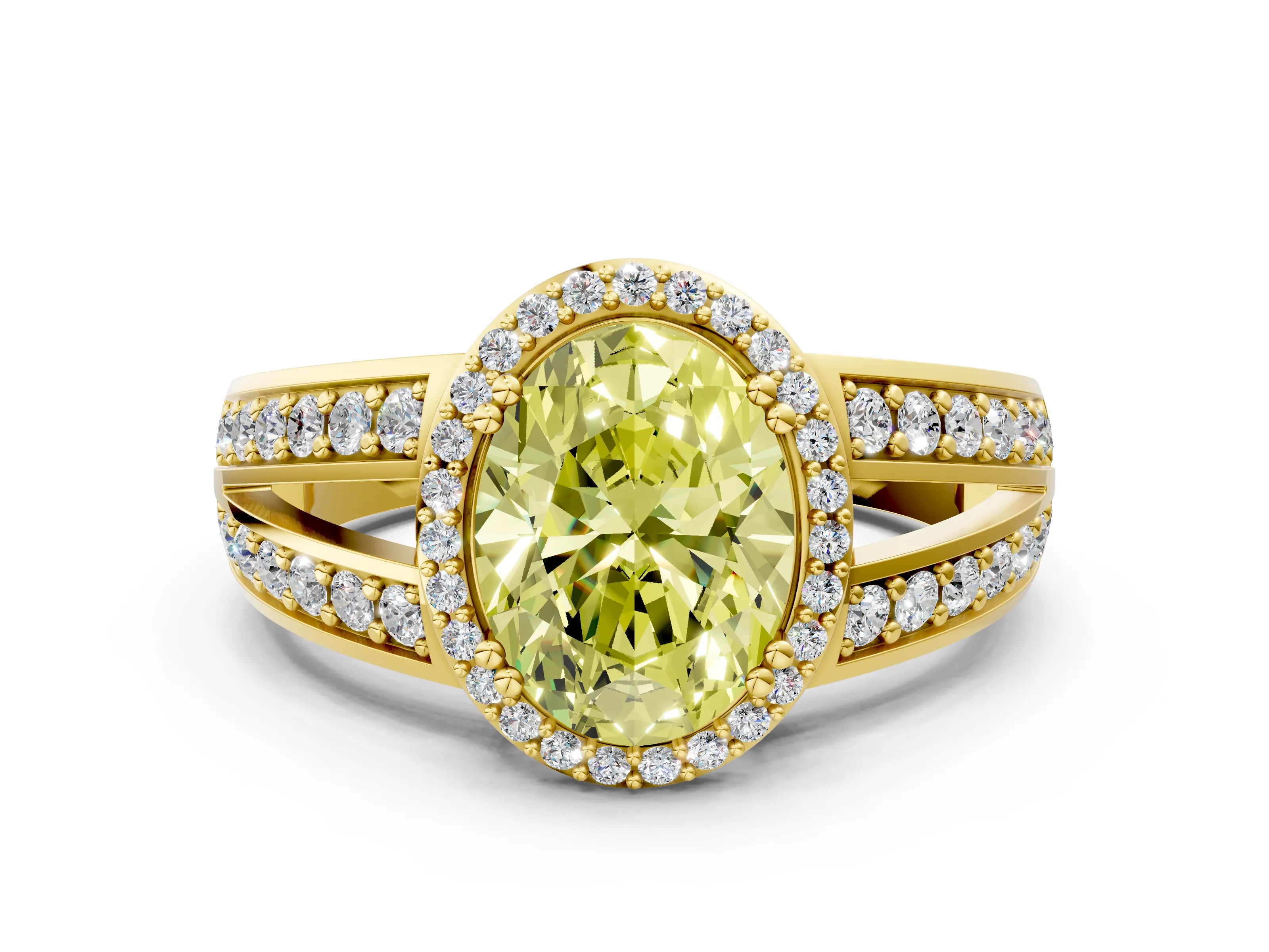 Yellow gold Fancy Yellow Oval Cut Diamond Halo Ring with Split Shank Pavé Band and Four-Prong Setting