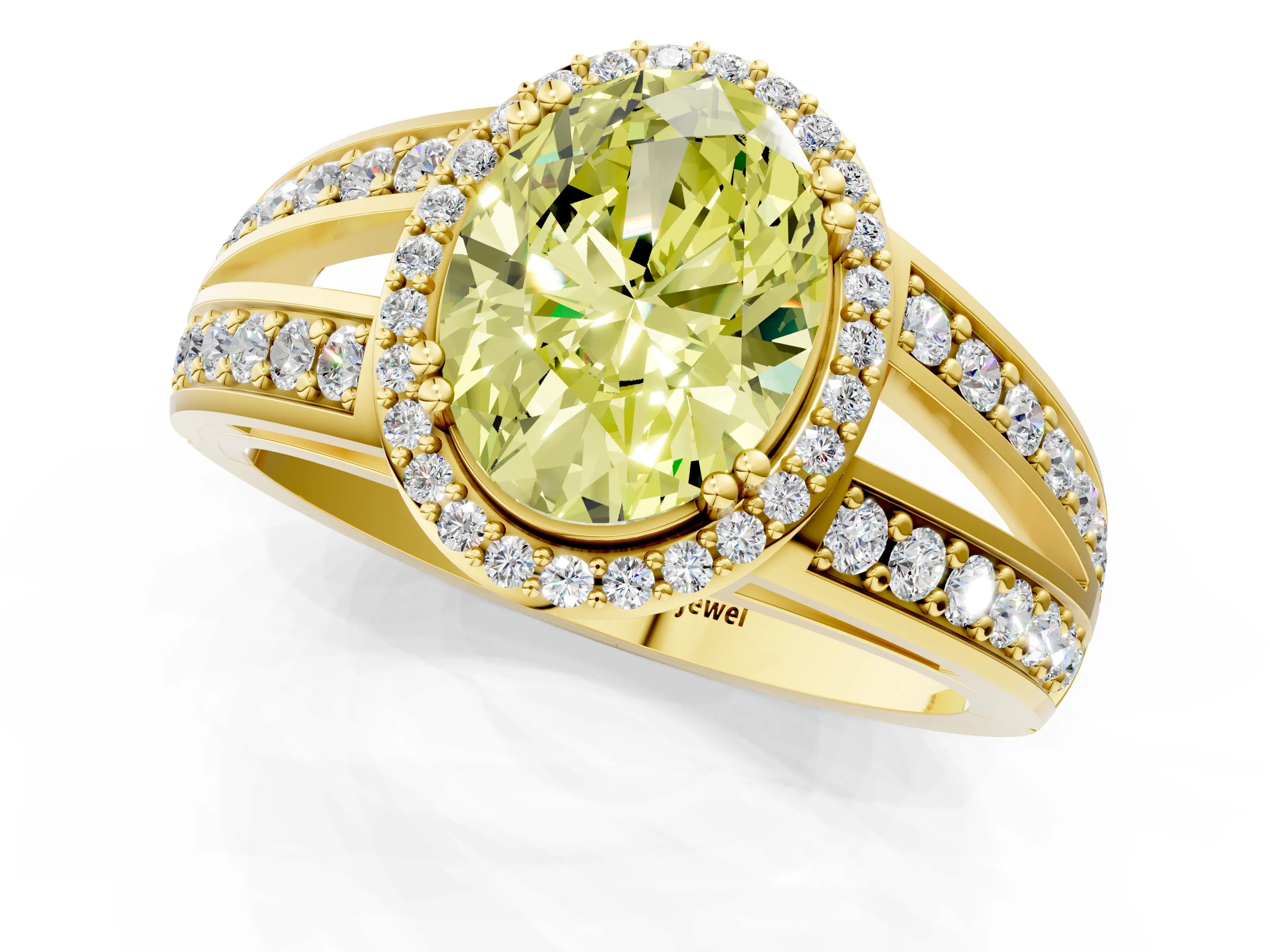 Yellow gold Fancy Yellow Oval Cut Diamond Halo Ring with Split Shank Pavé Band and Four-Prong Setting_1