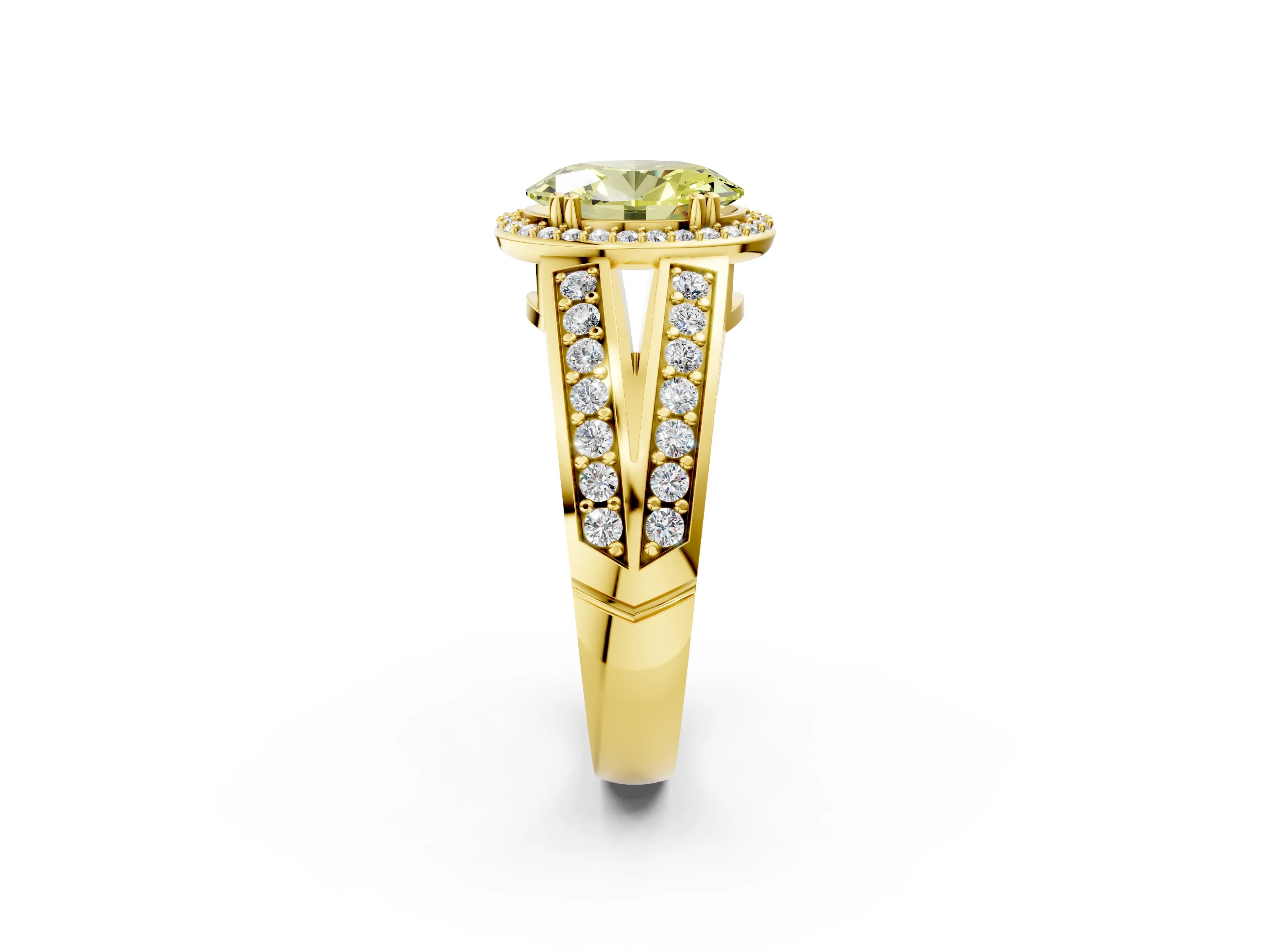 Yellow gold Fancy Yellow Oval Cut Diamond Halo Ring with Split Shank Pavé Band and Four-Prong Setting_2