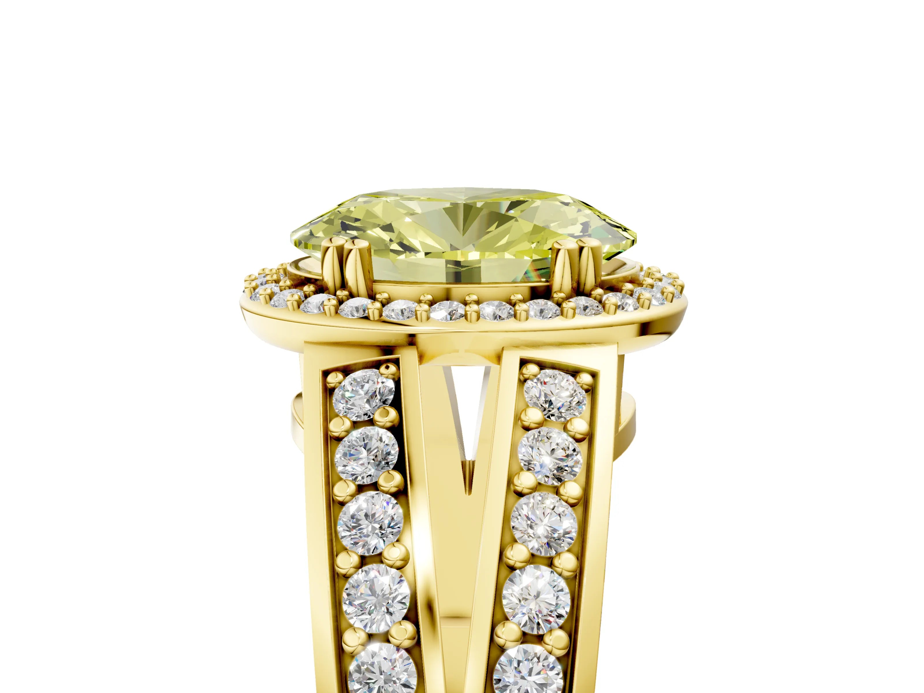 Yellow gold Fancy Yellow Oval Cut Diamond Halo Ring with Split Shank Pavé Band and Four-Prong Setting_5