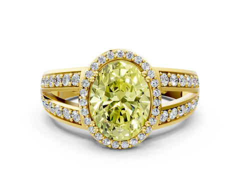 Yellow gold Fancy Yellow Oval Cut Diamond Halo Ring with Split Shank Pavé Band and Four-Prong Setting