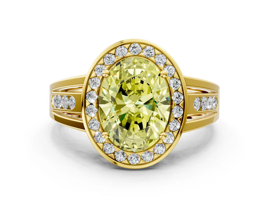 Yellow gold Fancy Yellow Oval Cut Diamond Halo Ring with Split Shank and Bezel Accents and Prong Setting