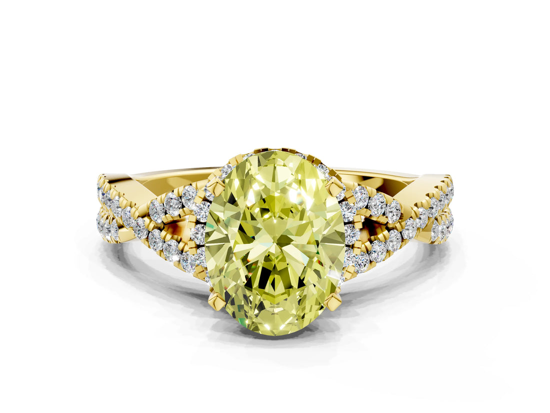 Yellow gold Fancy Yellow Oval Cut Diamond  Halo Twist Band Solitaire Prong Setting Ring_42