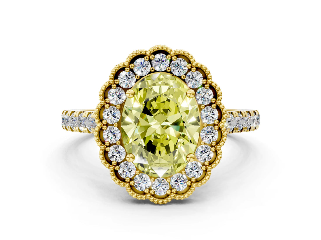 Yellow gold Fancy Yellow Oval  Cut Diamond Milgrain Floral Halo Engagement Ring with Pavé Band_15