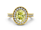 Yellow gold Fancy Yellow Oval Cut Diamond Milgrain Halo Engagement Ring with Round Pavé Band and Prong Setting_12