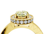 Yellow gold Fancy Yellow Oval Cut Diamond Milgrain Halo Engagement Ring with Round Pavé Band and Prong Setting_16