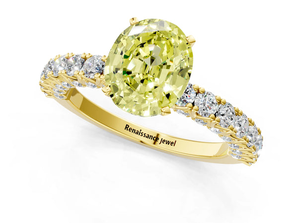 Yellow gold Fancy Yellow Oval Cut Diamond Pavé Band Solitaire Ring with Prong Setting
