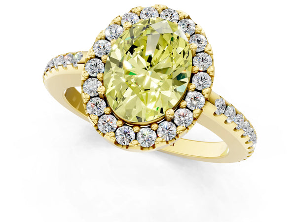 Yellow gold Fancy Yellow Oval Cut Diamond Pavé Halo Ring with Four-Prong Setting