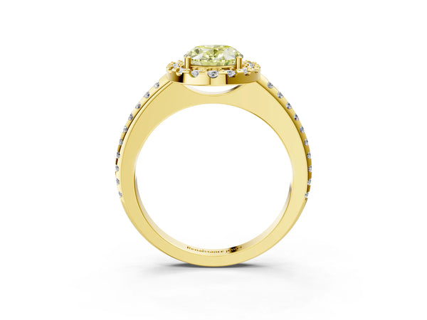 Yellow gold Fancy Yellow Oval Cut Diamond Pavé Halo Ring with Four-Prong Setting