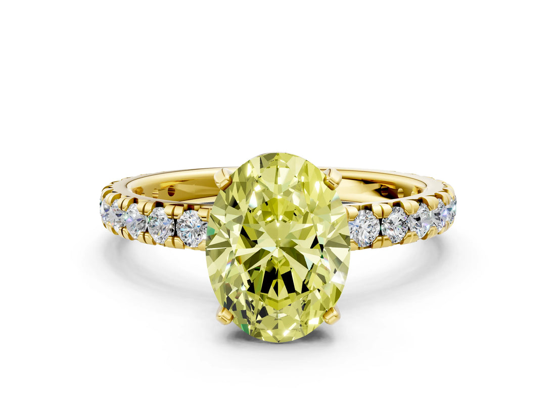 Yellow gold Fancy Yellow Oval Cut Diamond Pavé Solitaire Ring with Round Band and Prong Setting_12