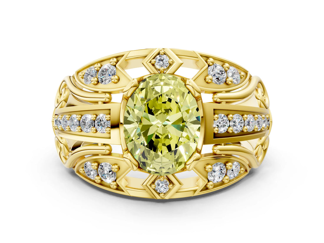 Yellow gold Fancy Yellow Oval Cut Diamond Pave Art Deco Split Shank Ring with Four-Prong Setting