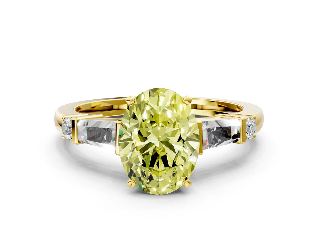 Yellow gold Fancy Yellow Oval  Cut Diamond Ring with Baguette Side Stones, Channel Set Band, and Four-Prong Setting_24