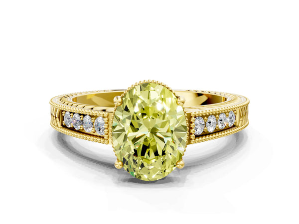 Yellow gold Fancy Yellow Oval Cut Diamond Ring with Milgrain Pavé Band and Four-Prong Setting