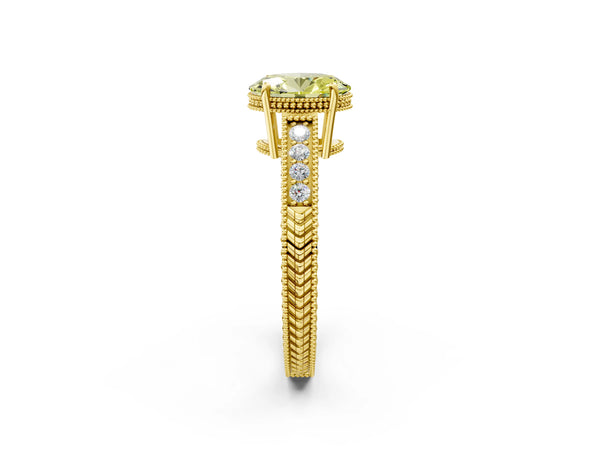 Yellow gold Fancy Yellow Oval Cut Diamond Ring with Milgrain Pavé Band and Four-Prong Setting