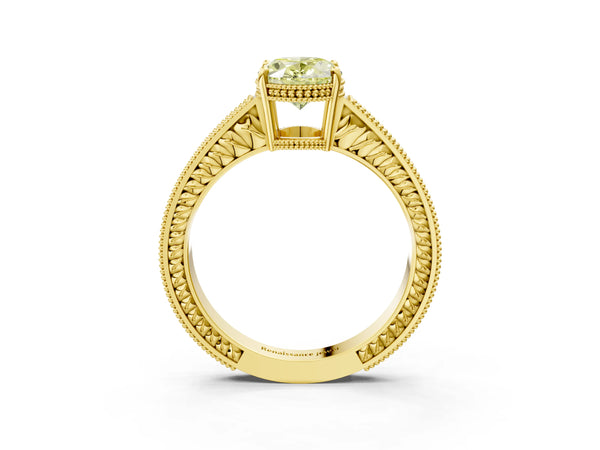 Yellow gold Fancy Yellow Oval Cut Diamond Ring with Milgrain Pavé Band and Four-Prong Setting