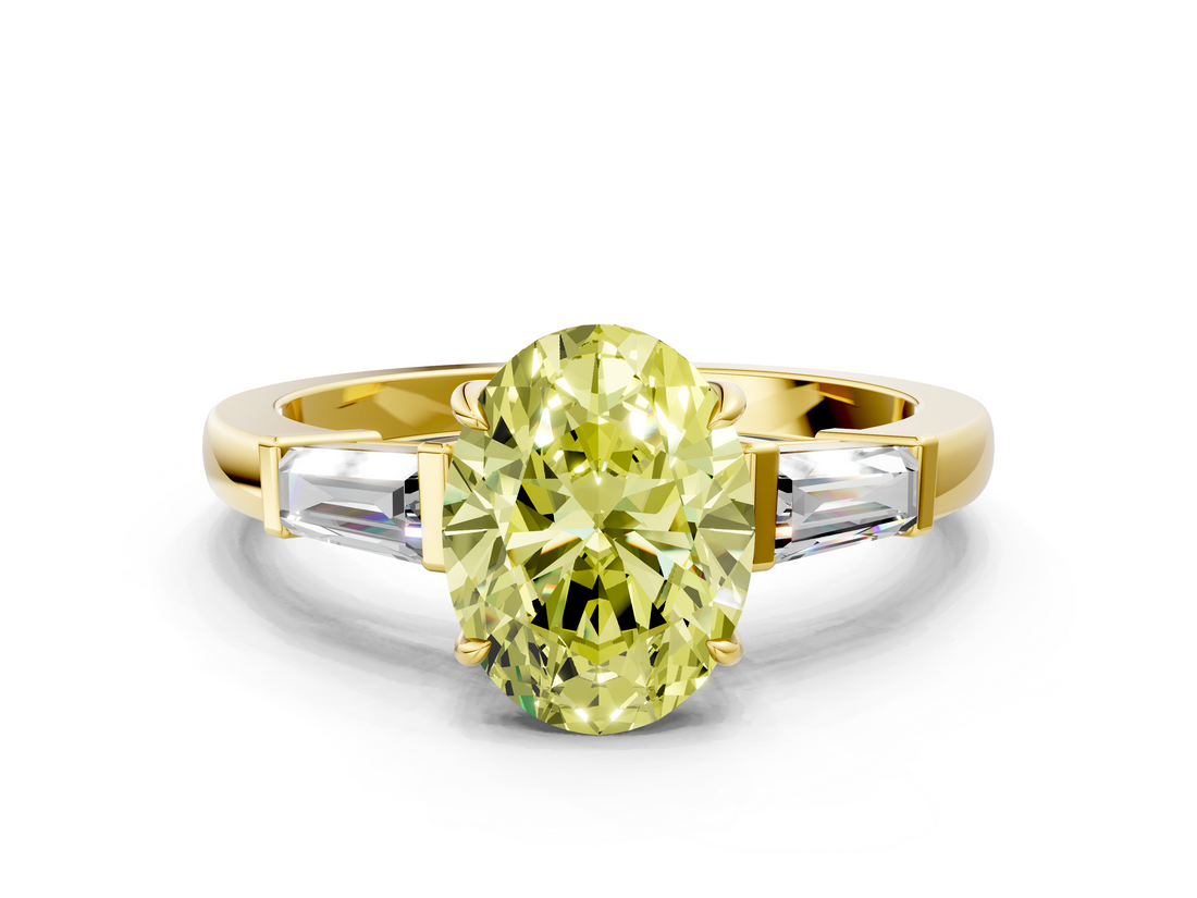 Yellow gold Fancy Yellow Oval  Cut Diamond Ring with Tapered Baguette Side Stones in Four-Prong Setting_3