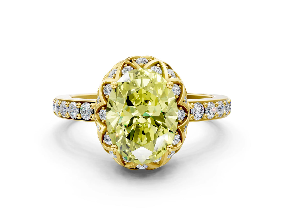 Yellow gold Fancy Yellow Oval Cut Diamond Scalloped Halo Engagement Ring with Round Shared Prong Band_12