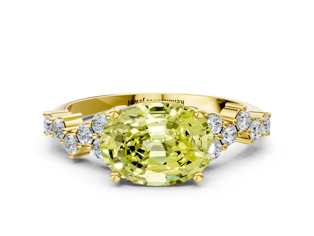 Yellow gold Fancy Yellow Oval Cut Diamond Scattered Round Accent Ring with Prong Setting_12