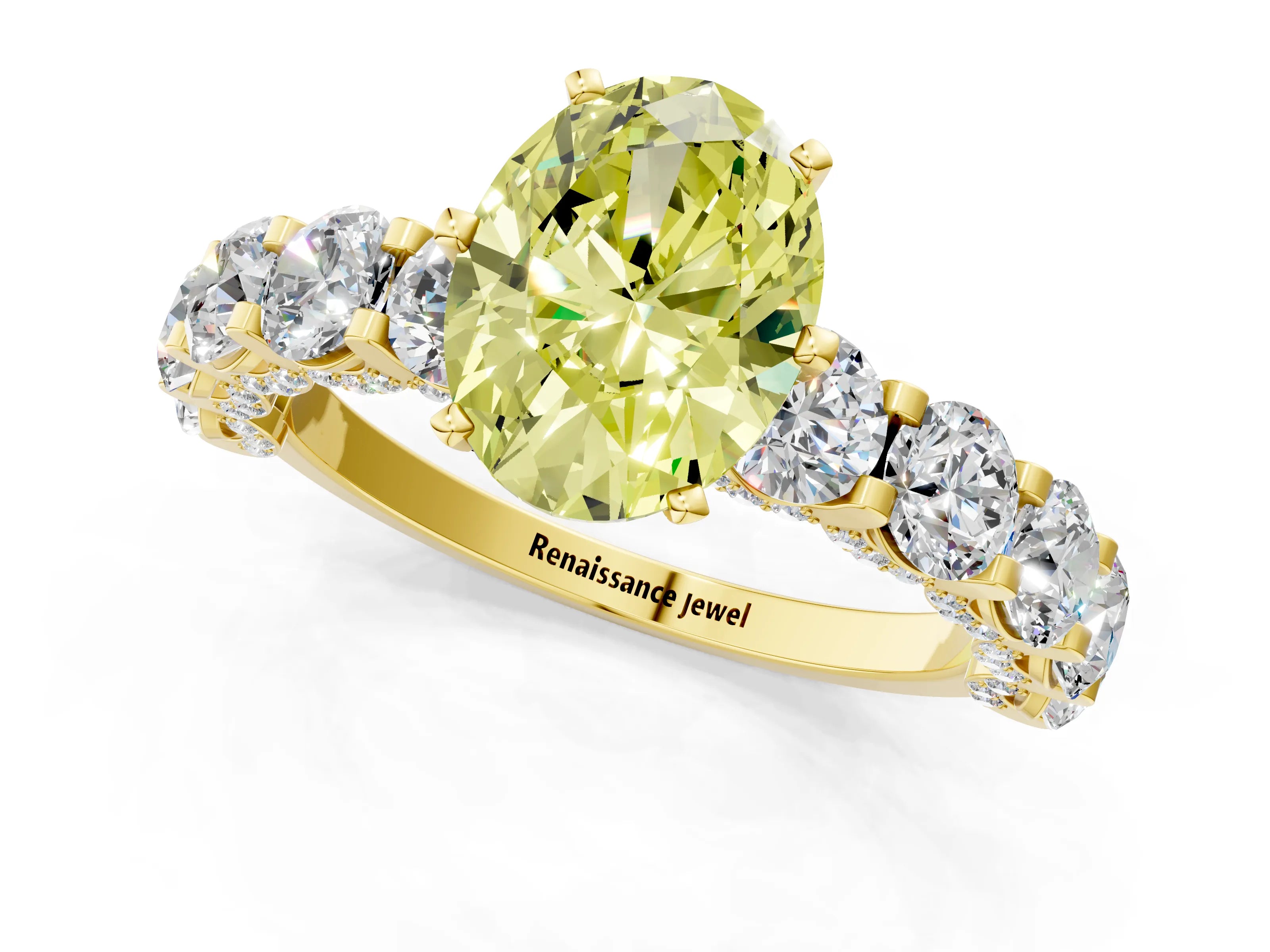 Yellow gold Fancy Yellow Oval Cut Diamond Side Stone Engagement Ring with Four-Prong Setting_25